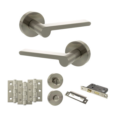 Darrio Door Handle Pack With 3-Inch Ce Bath Lock And 3-Inch Fire Hinges x 3, Satin Nickel product image