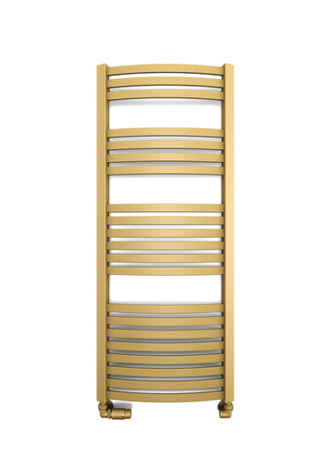 Metallic Smooth Textured Brass Heated Towel, Dexter Features Trapezium Shaped Uprights With Flat Sweeping Curved Bars 1220x500x60 Brass product image