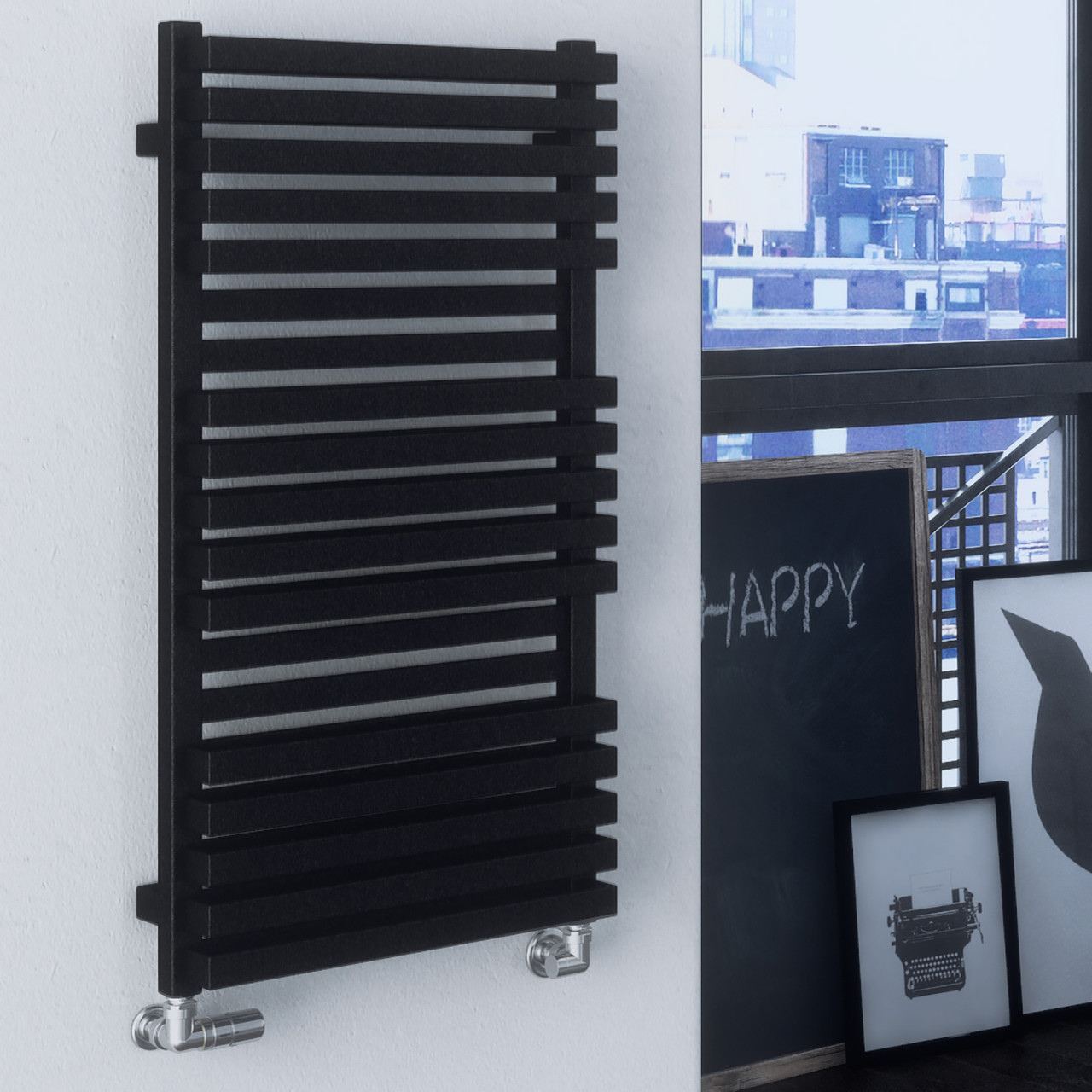 Textured Shimmered Black Heated Towel Rail 870x450x122 Metallic Black