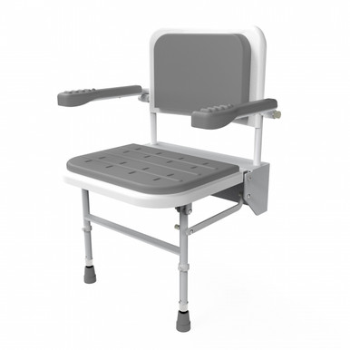 Padded Folding Shower Seat With Legs, Back and Arms, Height Adjustable, White product image