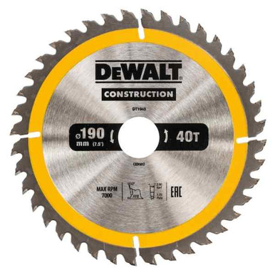 Dewalt Construction Circular Saw Blade, 190mm x 30mm, 40T product image