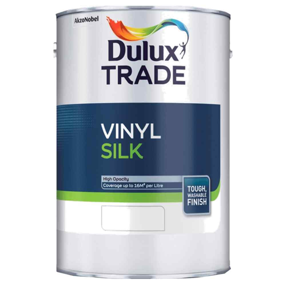 Photograph of Dulux Vinyl Silk Paint, Brilliant White, 5L, Water Based, BS 6150, 6.612kg