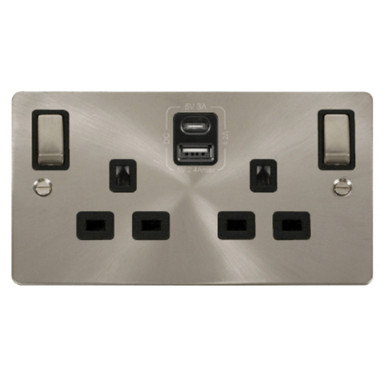 Click 2 Gang Switched Socket, Usb A&c, Flat Plate Brushed Steel product image