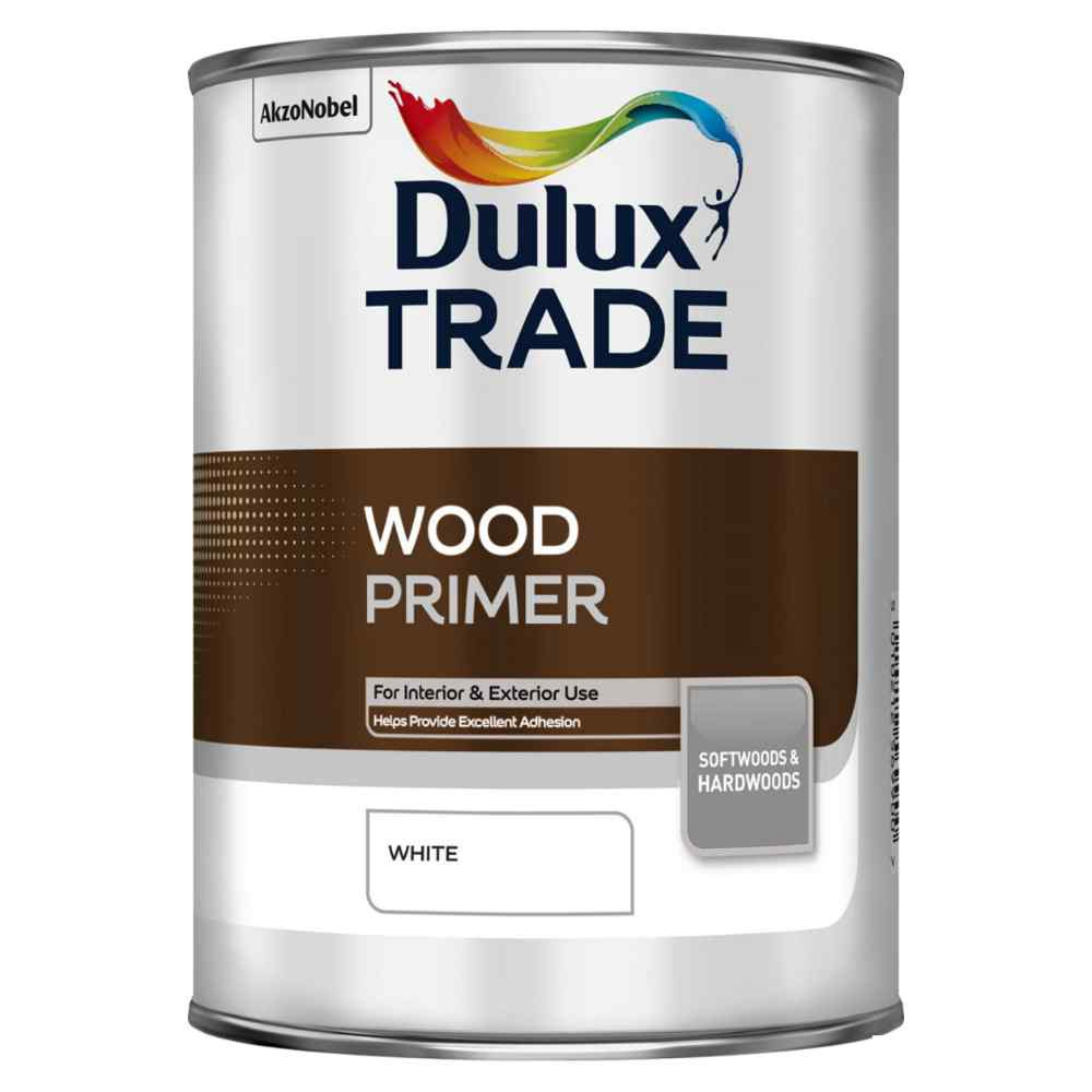 Photograph of Dulux Wood Primer, White Matt, Solvent Based, 7 Year Warranty, 1L, 15 sq m/l