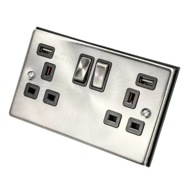 Deco 13a Ingot 2 Gang 2 X Usb Socket, Satin Chrome Black product image