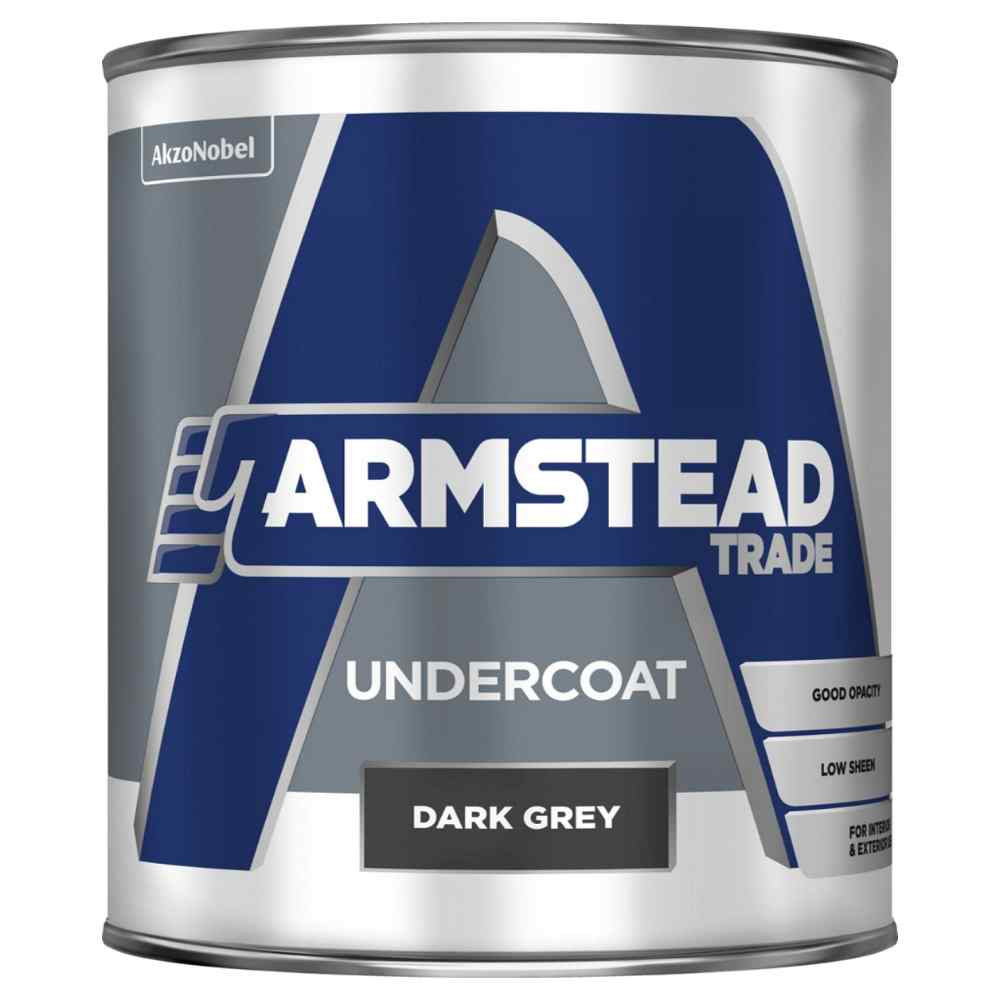 Photograph of Armstead Trade Undercoat Dark Grey Satin, Solvent Based, BS 6150, 15 sq m/l, 2.5L