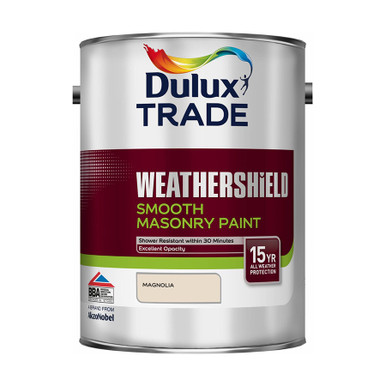 Further photograph of Dulux Trade Weathershield Masonry Paint Smooth Magnolia 5L