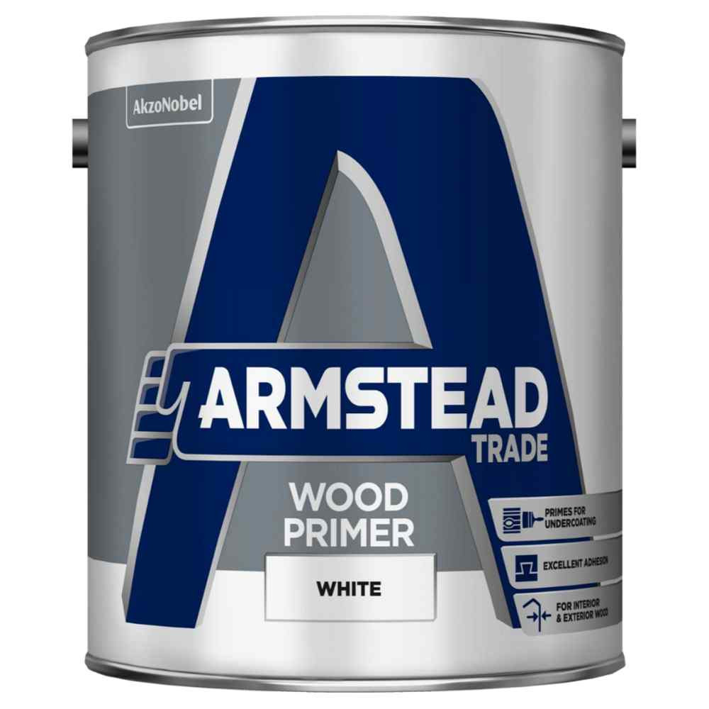 Photograph of Armstead Trade Wood Primer White Matt, Solvent Based, BS 6150, 13 sq m/l, 2.5L