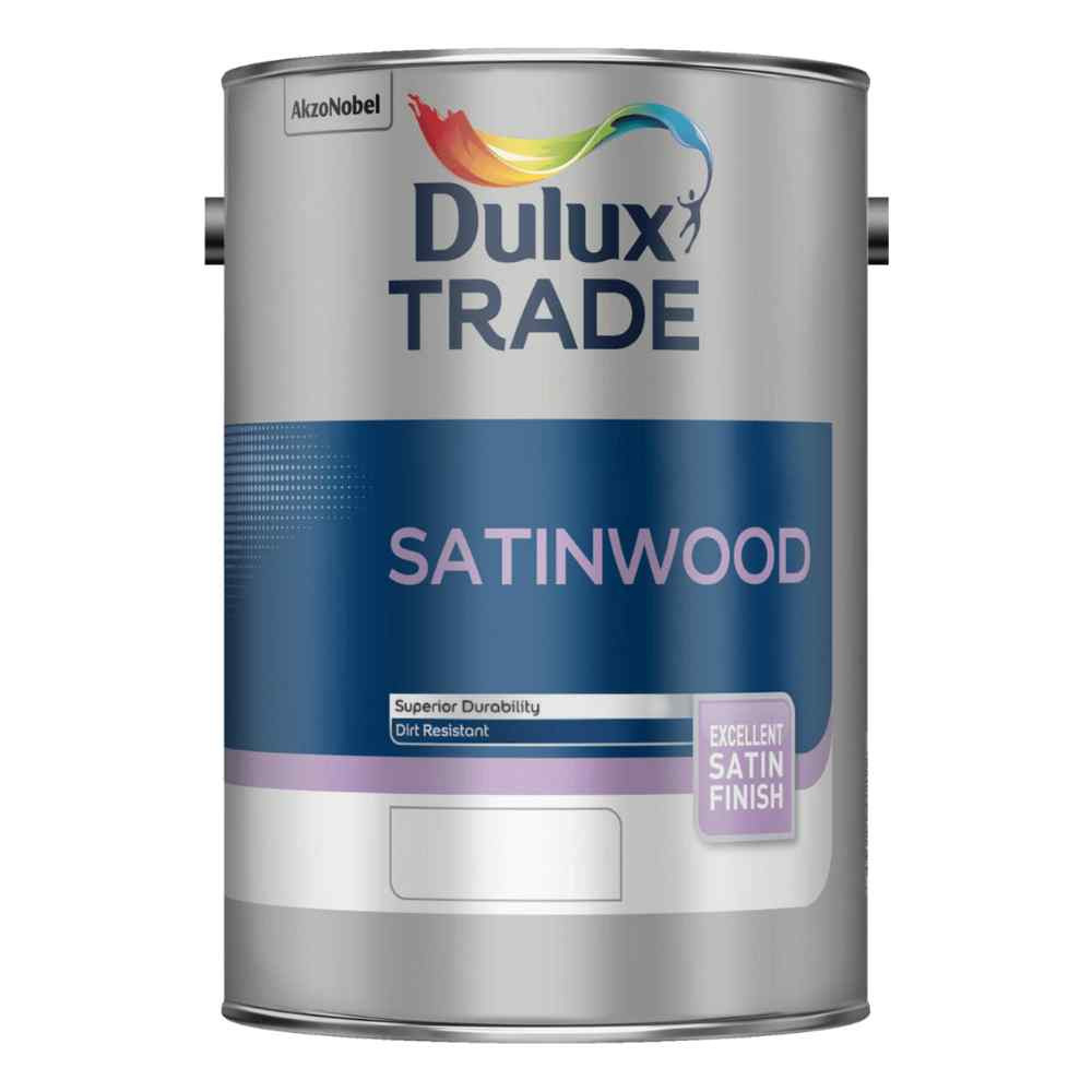 Photograph of Dulux Trade Satinwood Brilliant White, Solvent Based, 7 Year Warranty, 1L