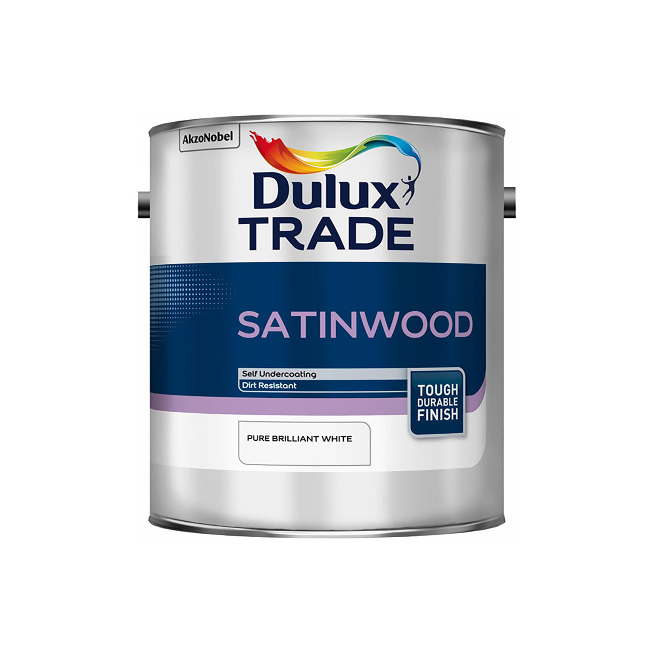 Photograph of Dulux Trade Satinwood Brilliant White, Solvent Based, 7 Year Warranty, 2.5L