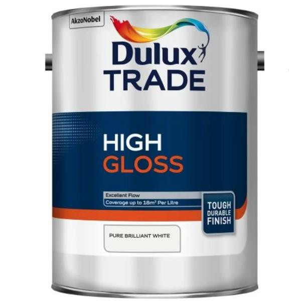 Photograph of Dulux High Gloss Pure Brilliant White, BS 6150, Solvent Based, 5L, 18 sq m/l