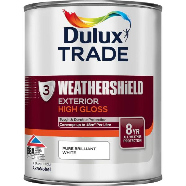 Photograph of Dulux Weathershield Exterior High Gloss Pure Brilliant White, Solvent Based, 1L