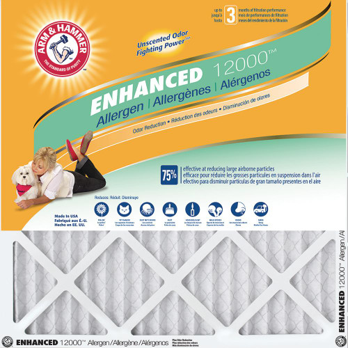 Front view of Arm & Hammer Pet Fresh MERV 8 air filter with odor control and baking soda technology Front view of Arm & Hammer Pet Fresh MERV 8 air filter with odor control and baking soda technology