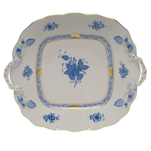 Chinese Bouquet Blue Square Cake Plate W/Handles 9