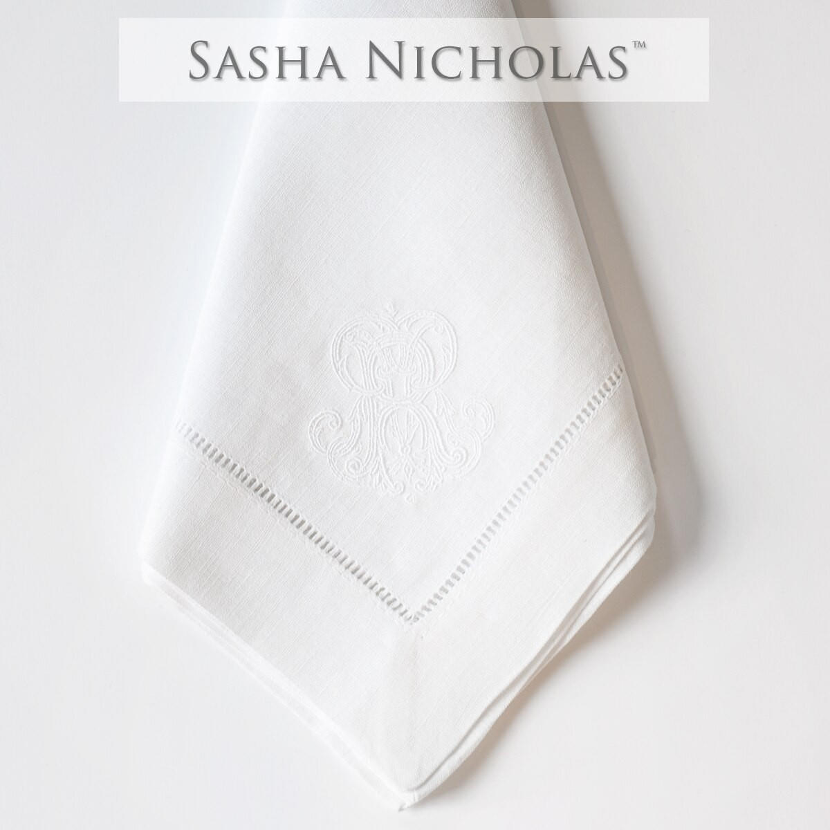 Seiler-harkess Sasha Nicholas White Linen Dinner Napkin, Couture Monogram, Seiler -Harkess SNLIN100, Sasha Nicholas