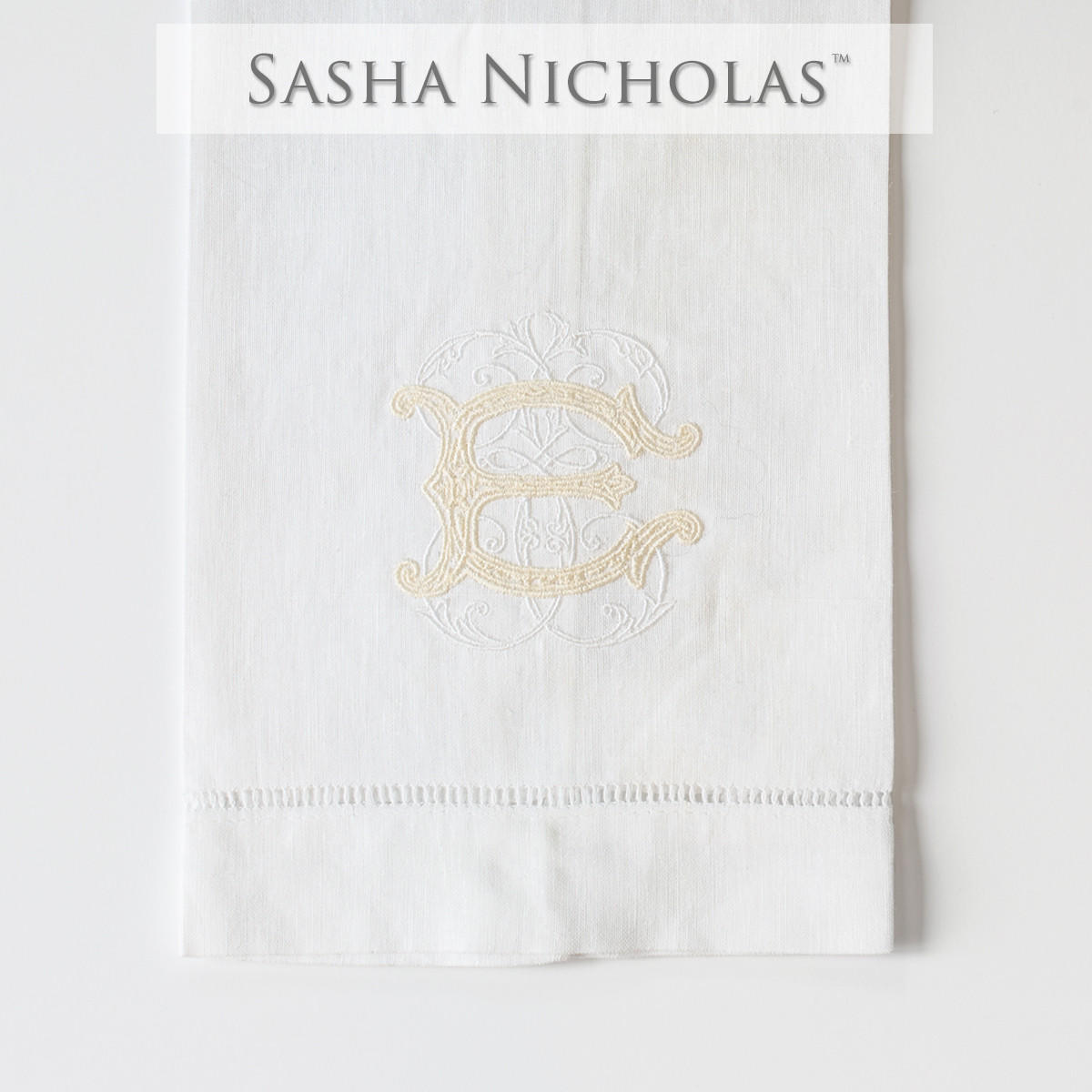 Griesedieck-stevenson Sasha Nicholas White Linen Hand Towel, Couture Monogram Snlin120, Griesedieck-Stevenson SNLIN120, Sasha Nicholas