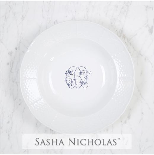 A beautiful addition to your dinnerware collection and to adorn your tablescapes with. It makes the perfect gift for your wedding registry. Choose from their signature font styles or use a custom monogram or crest of your choice! | Sasha Nicholas’s white porcelain rim soup bowl