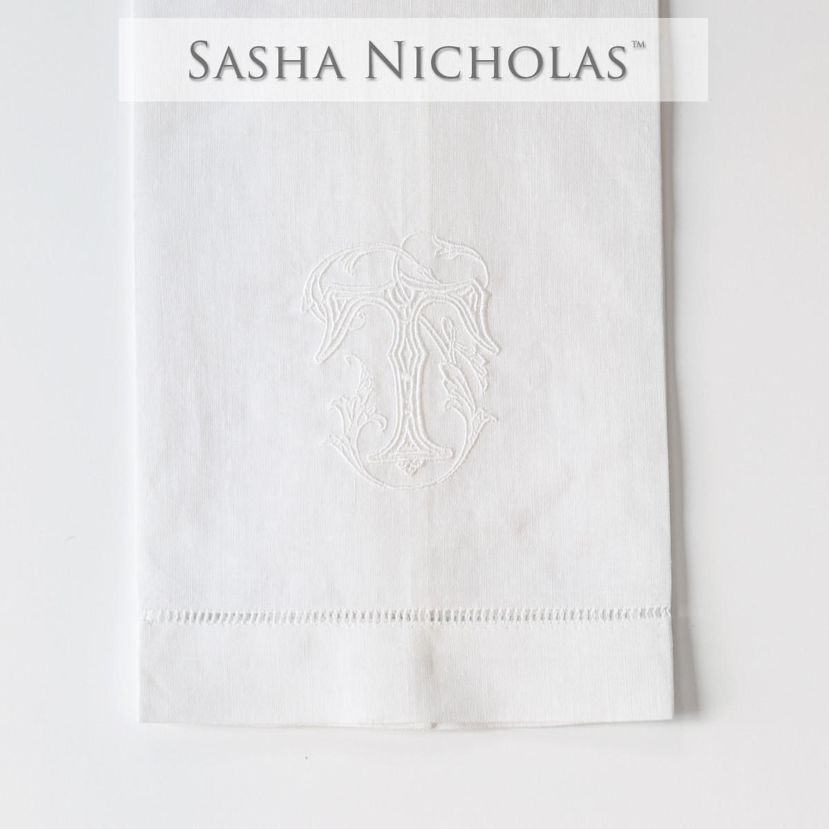Finn-heath Sasha Nicholas White Linen Hand Towel, Couture Monogram, Finn-Heath SNLIN120, Sasha Nicholas