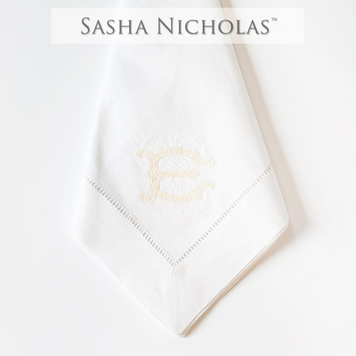  Hearne-Vaughn  Sasha Nicholas White Linen Dinner Napkin | Couture Monogram 