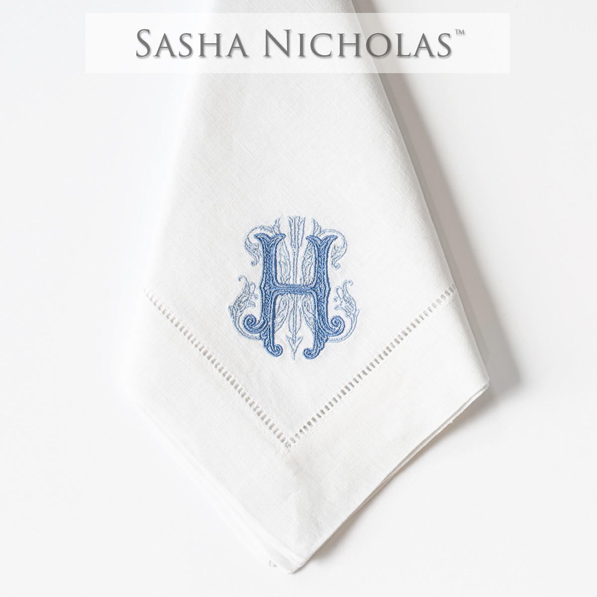  Rosenthal-Wherley Sasha Nicholas White Linen Dinner Napkin | Couture Monogram 