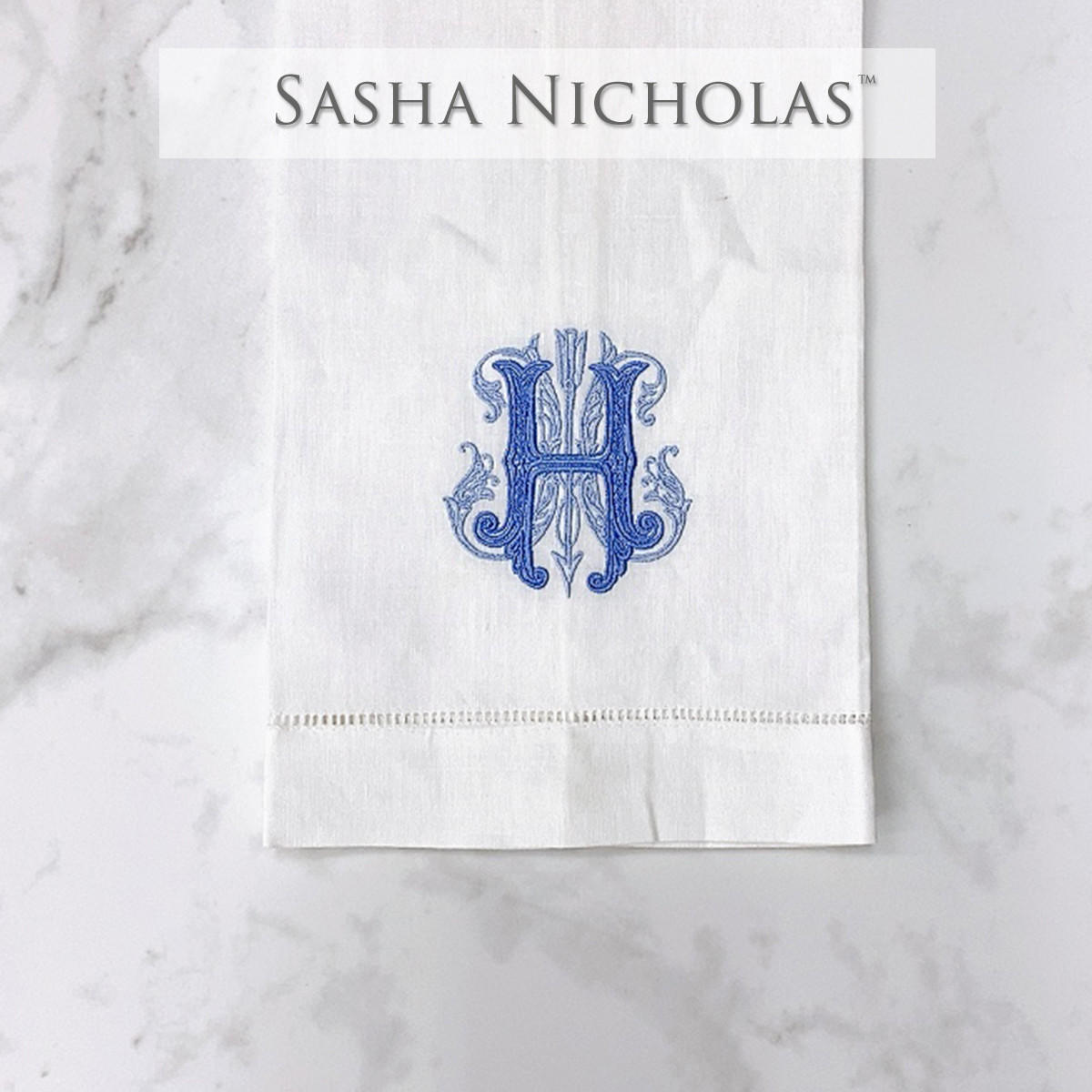  McGrath-McReynolds Sasha Nicholas White Linen Hand Towel | Couture Monogram 'M' 