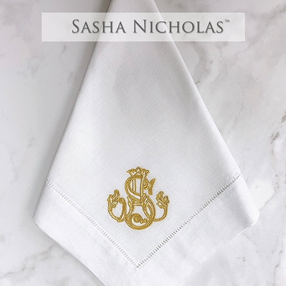  Zafereo-Bock Sasha Nicholas White Linen Dinner Napkin | Couture Monogram 'Z' 