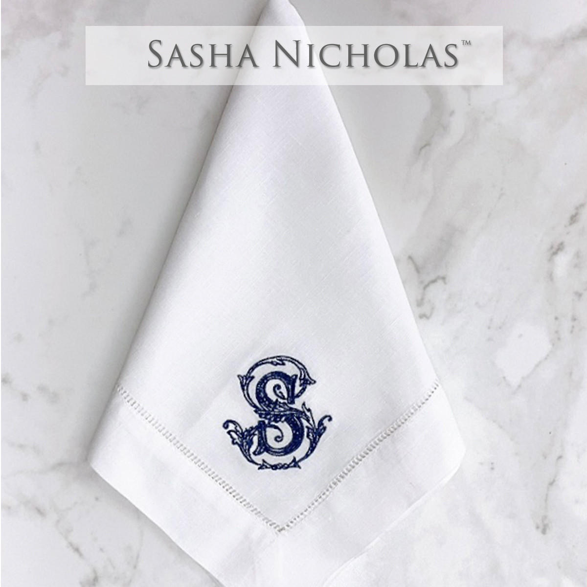  Mandola-Ballay Sasha Nicholas White Linen Dinner Napkin | Couture Monogram SNLIN100 