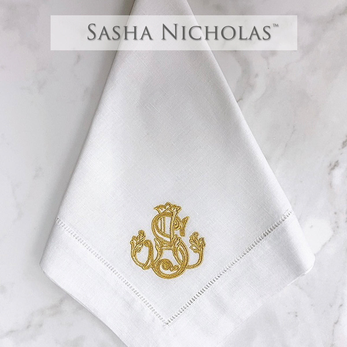  Galvin-Snodsmith Sasha Nicholas White Linen Dinner Napkin | Couture Monogram SNLIN100 