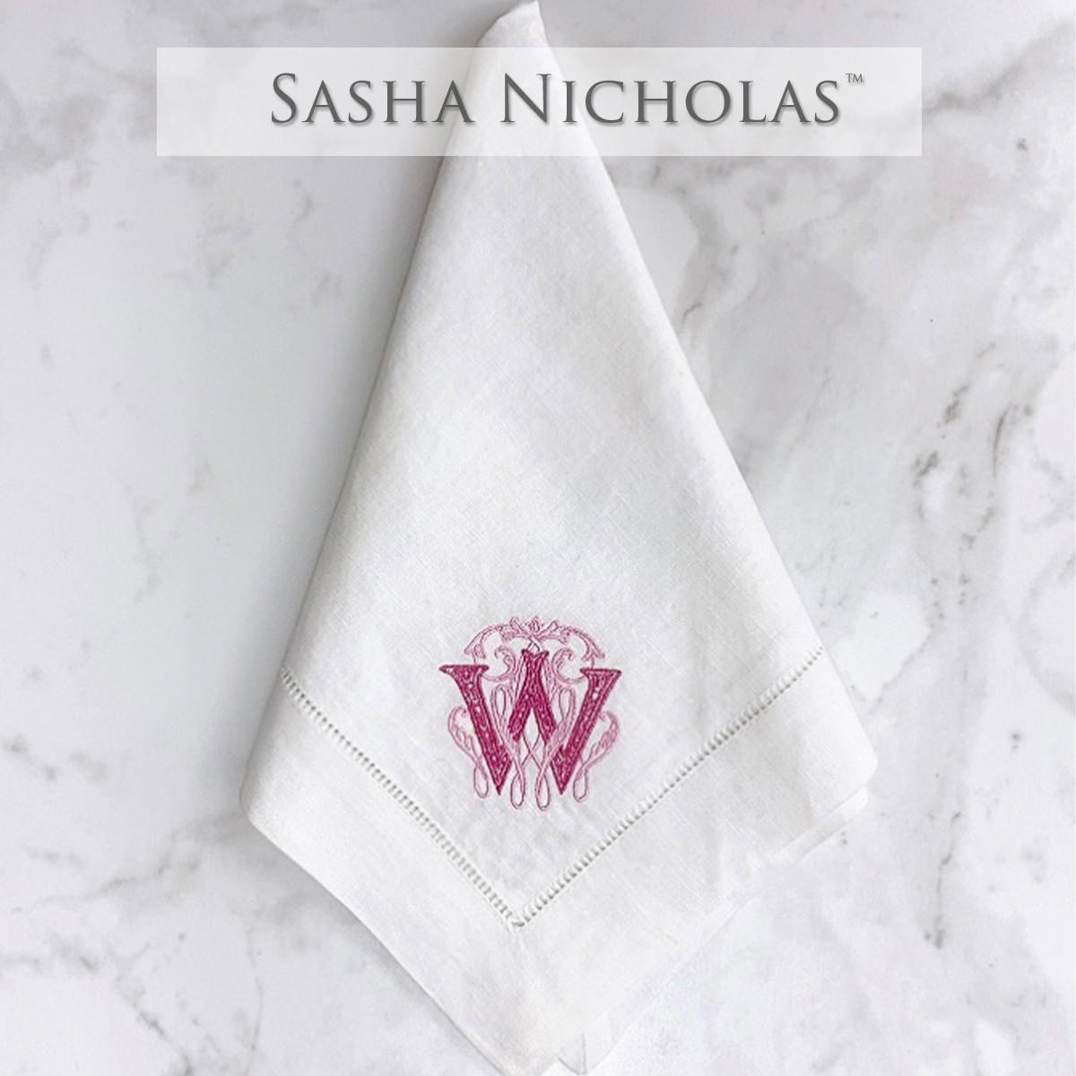  Galvin-Snodsmith Sasha Nicholas White Linen Dinner Napkin | Couture Monogram SNLIN100 
