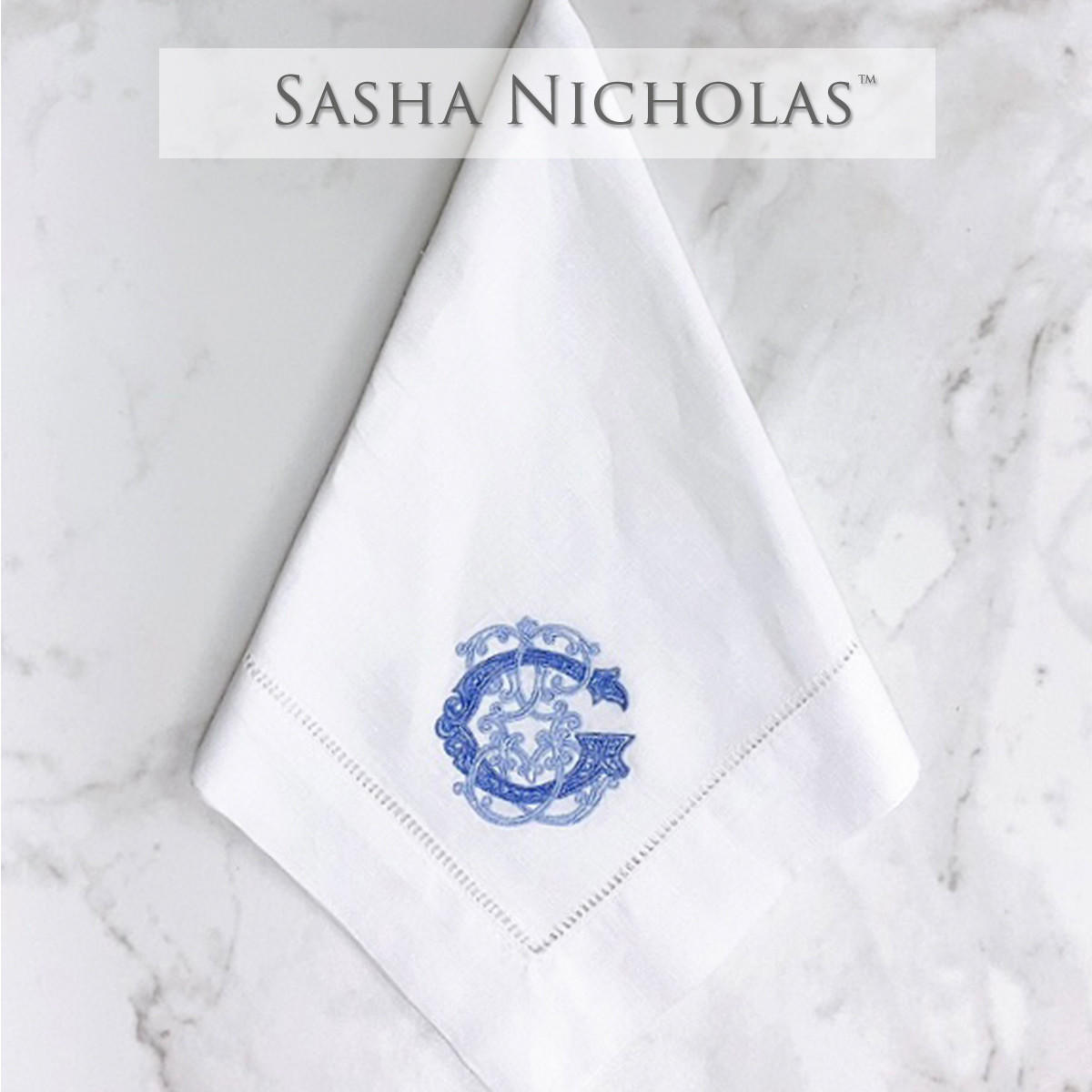  Van Cleave-Weightman Sasha Nicholas White Linen Dinner Napkin | Couture Monogram 