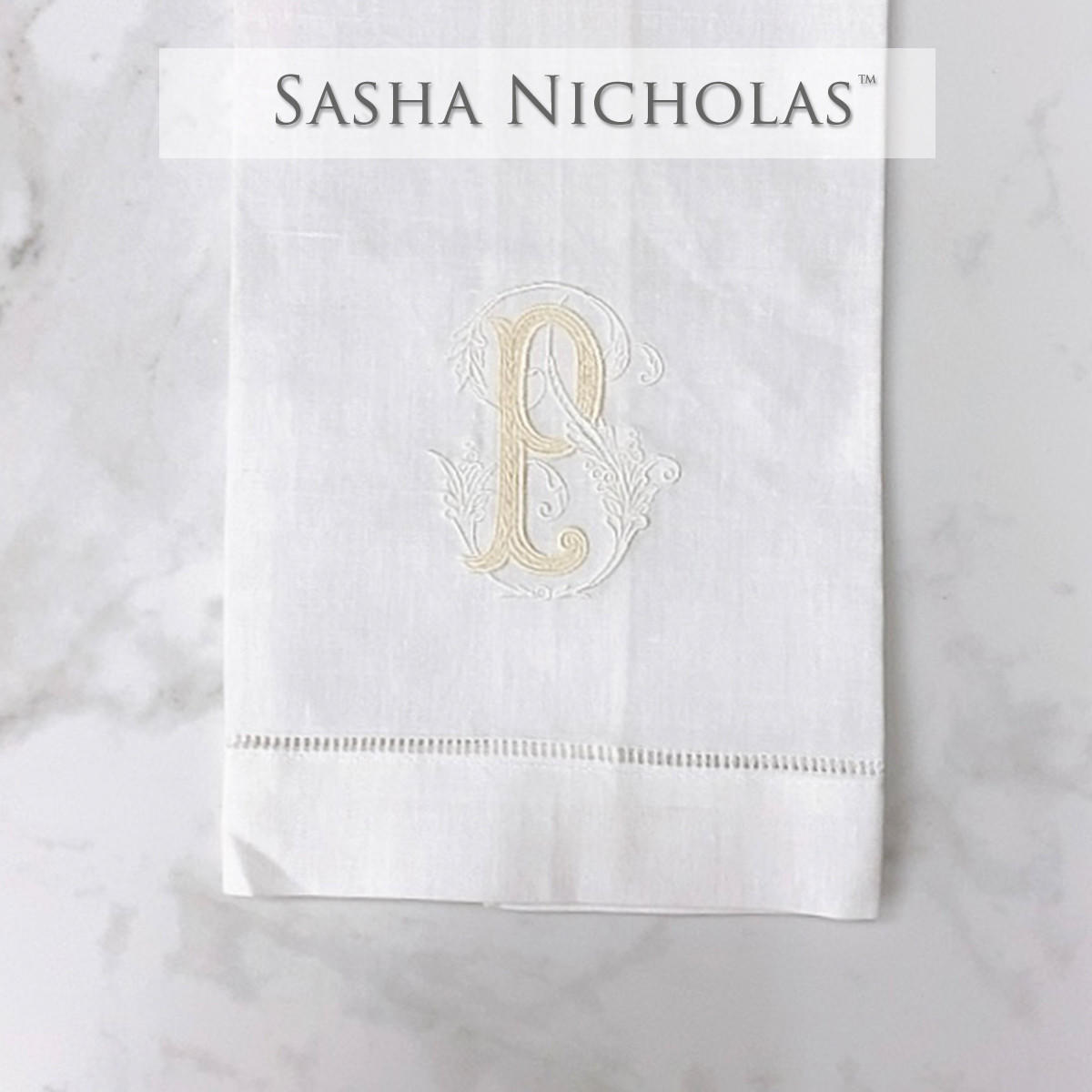  Brown-Mindenhall Sasha Nicholas White Linen Hand Towel | Couture Monogram SNLIN120 