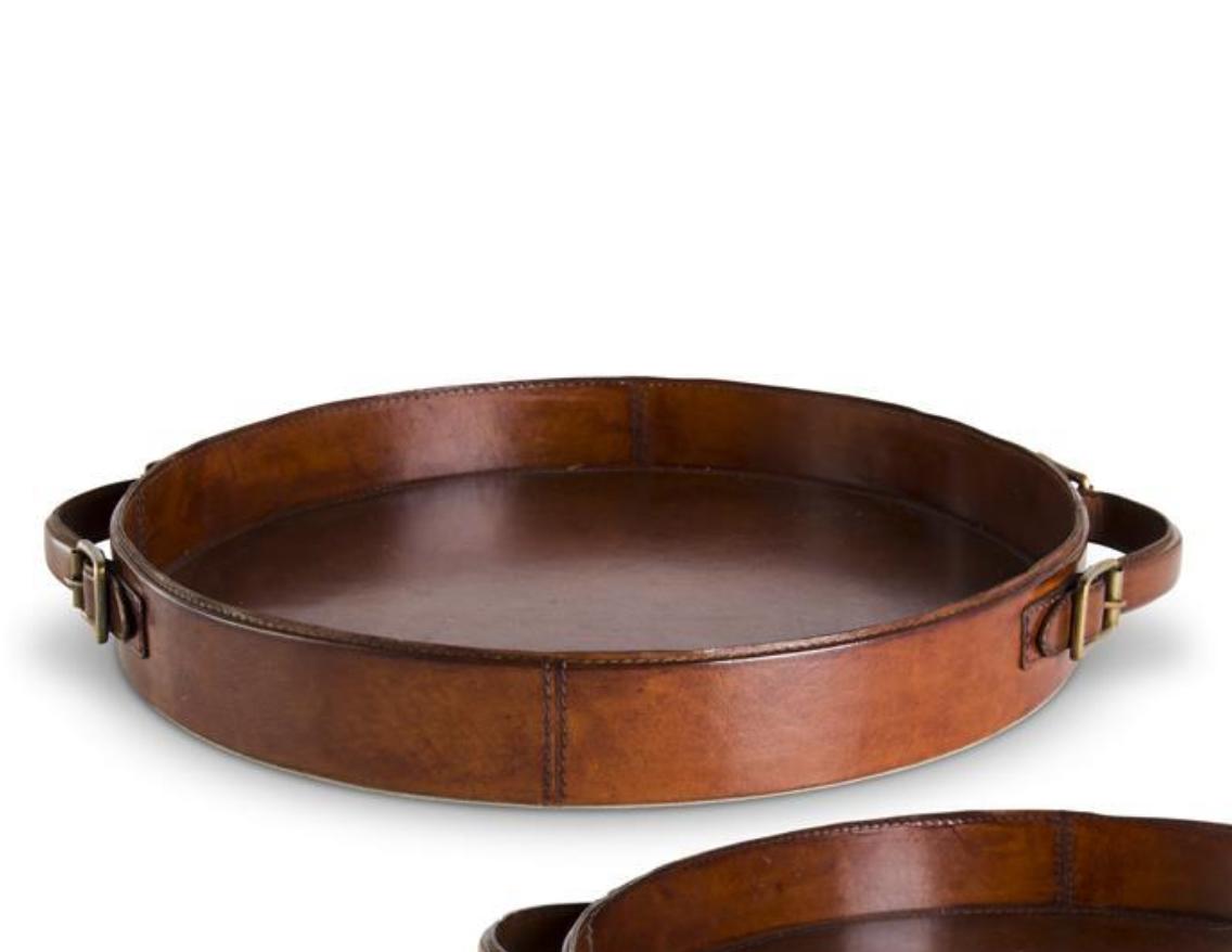 Cantalin-Ohlhausen Round Tan Leather Tray with Brass Buckle | Large