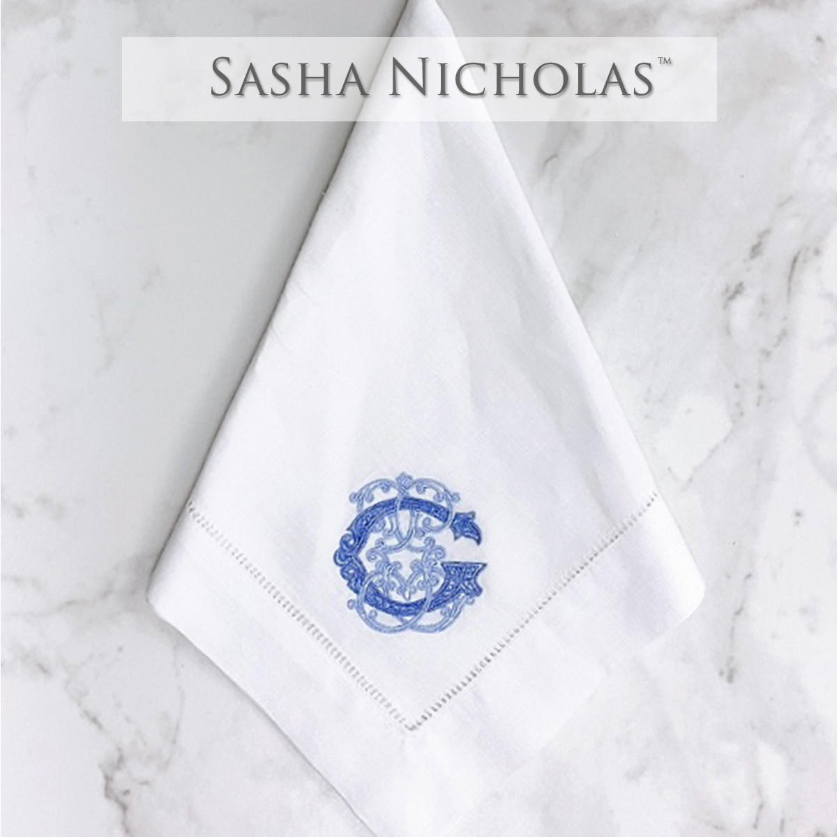 Sasha Nicholas White Linen Dinner Napkin, Couture Monogram, SNLIN100, Sasha Nicholas