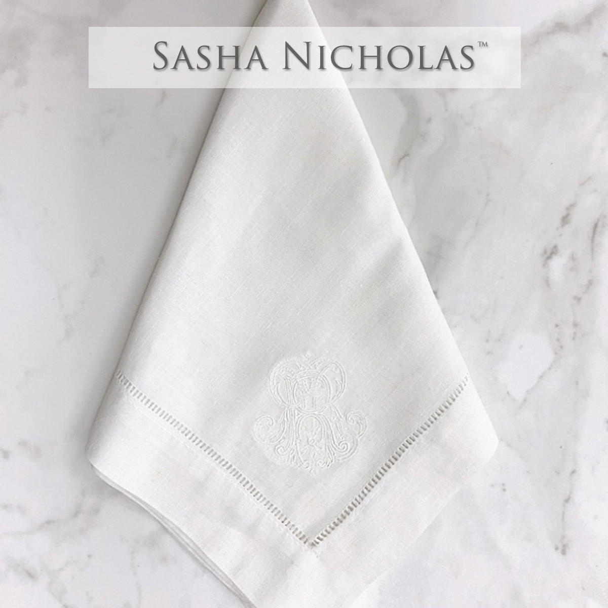 Hudspeth-Violagis Sasha Nicholas White Linen Dinner Napkin | Couture Monogram 'V'