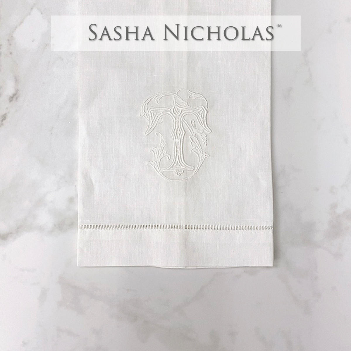 Sasha Nicholas White Linen Hand Towel, Couture Monogram, SNLIN120, Sasha Nicholas