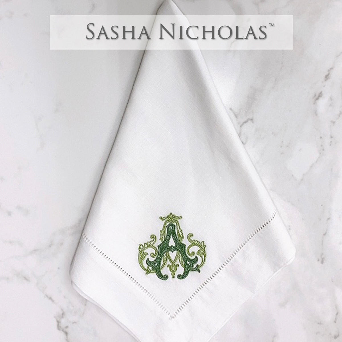 Sasha Nicholas White Linen Dinner Napkin, Couture Monogram, SNLIN100, Sasha Nicholas