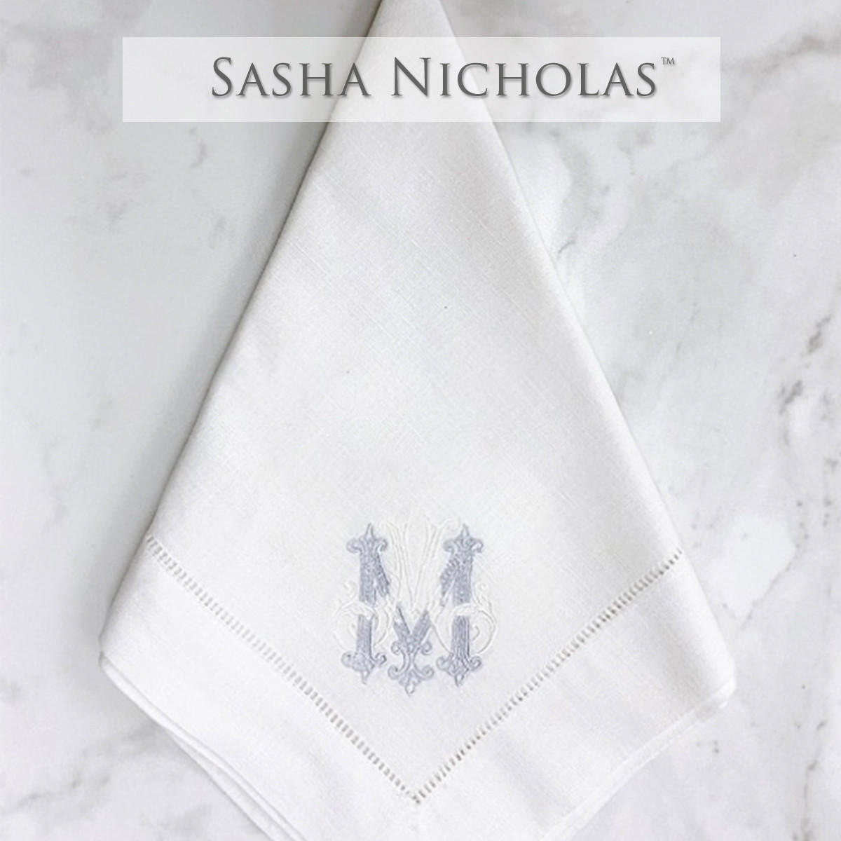 Sasha Nicholas White Linen Dinner Napkin, Couture Monogram, SNLIN100, Sasha Nicholas