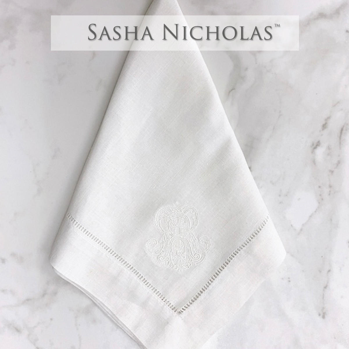 Sasha Nicholas White Linen Dinner Napkin, Couture Monogram, SNLIN100, Sasha Nicholas