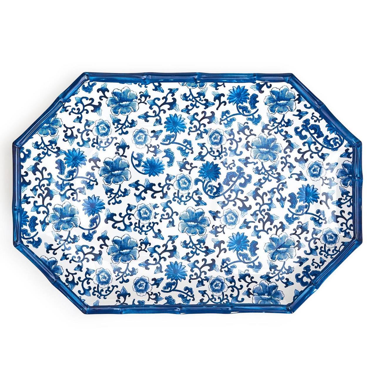 Erwin-Imbs Blue Bamboo Floral Octagonal Serving Tray