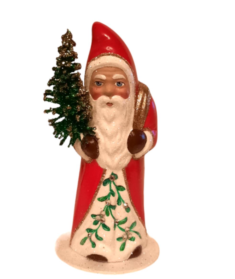 Ino Schaller Santa with Red Coat, Holly Decoration and Holding a Tree | 5"