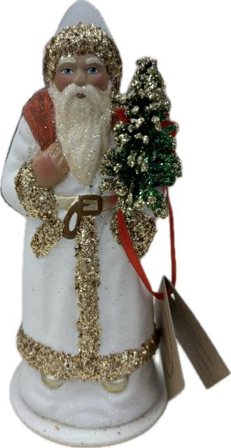 Ino Schaller Santa with White Goat, Gold Glitter Trim, Tree + Bag | 6"