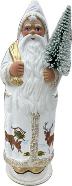 Ino Schaller Santa in White Coat with Reindeer Decoration, Gold Bag, and Tree | 11"