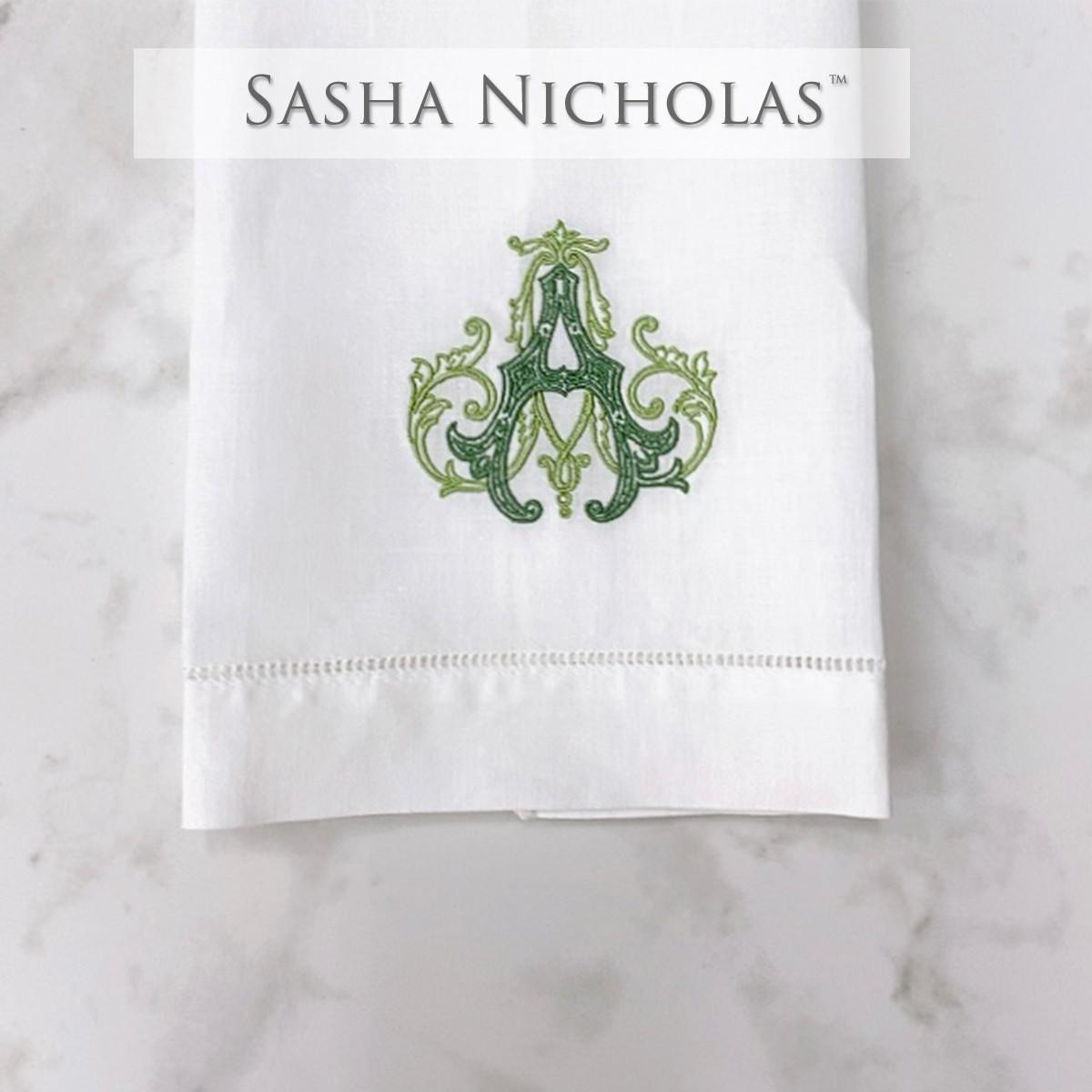 Sasha Nicholas White Linen Hand Towel, Couture Monogram, SNLIN120, Sasha Nicholas
