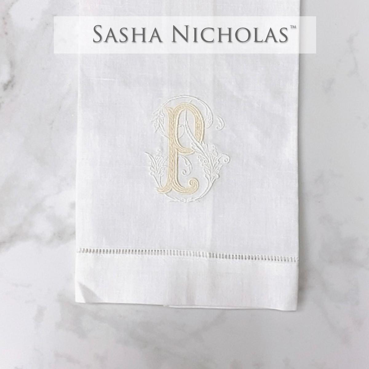 Sasha Nicholas White Linen Hand Towel, Couture Monogram, SNLIN120, Sasha Nicholas