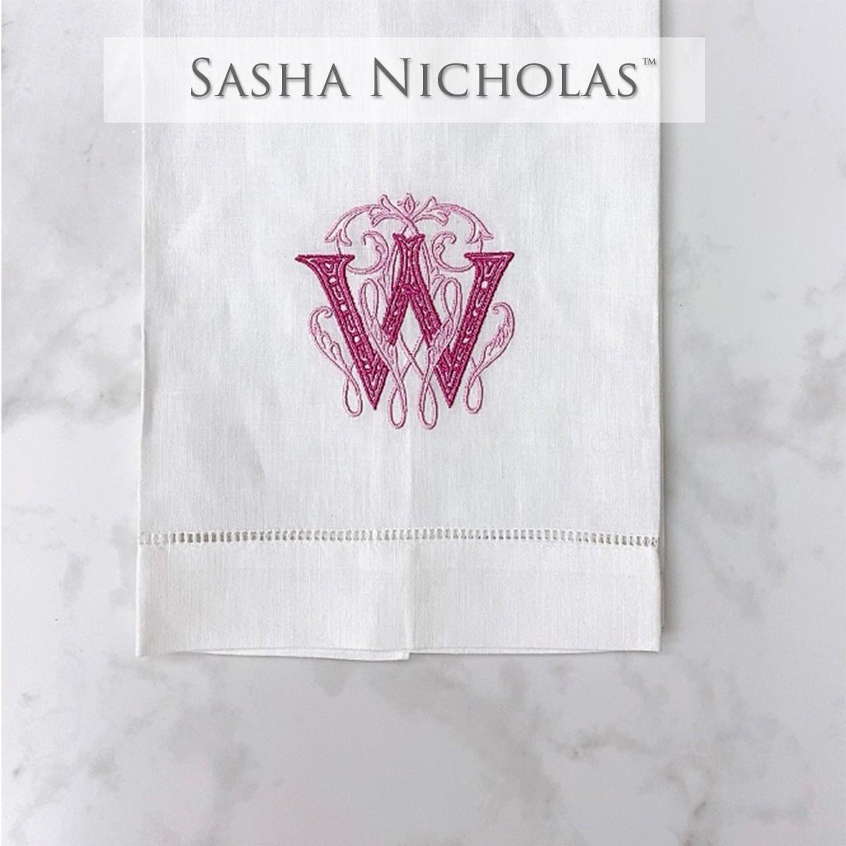 Sasha Nicholas White Linen Hand Towel, Couture Monogram, SNLIN120, Sasha Nicholas