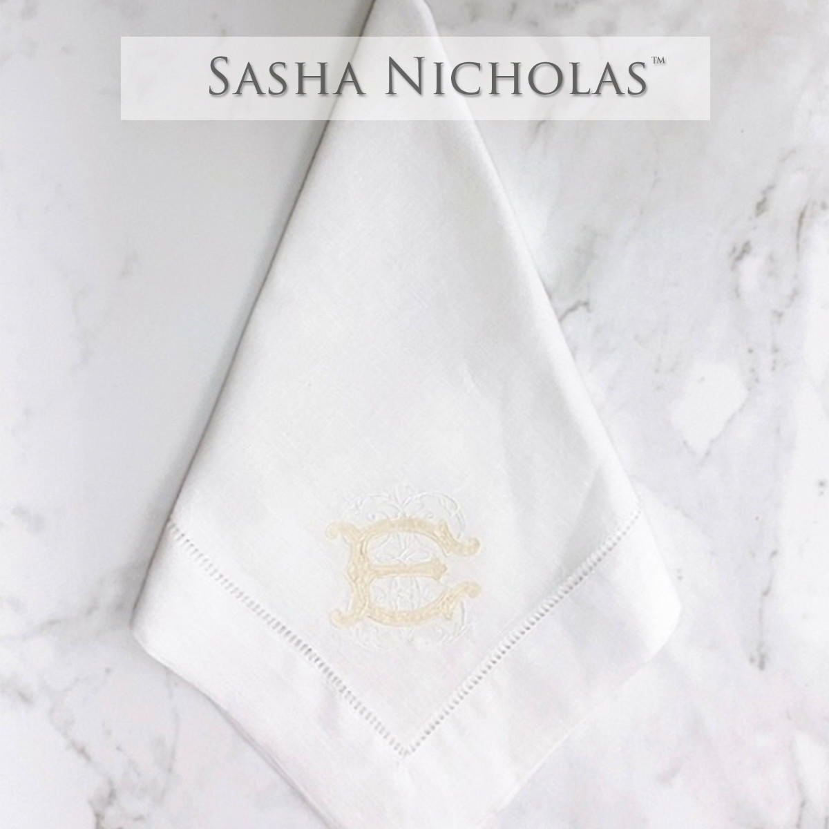 Sasha Nicholas White Linen Dinner Napkin, Couture Monogram, SNLIN100, Sasha Nicholas