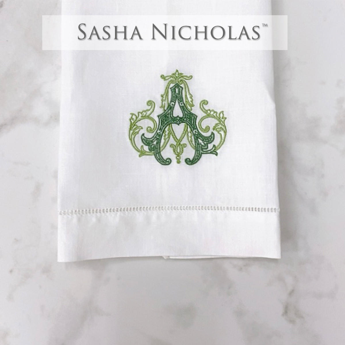 Sasha Nicholas White Linen Hand Towel, Couture Monogram, SNLIN120, Sasha Nicholas