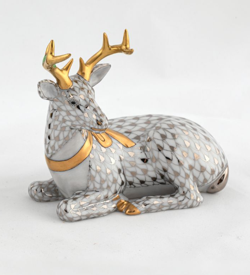 Herend Exhibition Lying Christmas Deer | Platinum + Gold