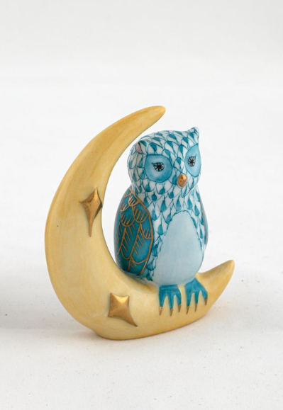 Herend Exhibition Owl with Crescent Moon | Turquoise