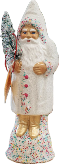Ino Schaller Santa with White Coat, Sugar Beaded Trim and Tree| 10"